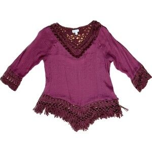 Dressbarn | Burgundy Crochet Trimmed 3/4 Length Sleeve Blouse | Medium